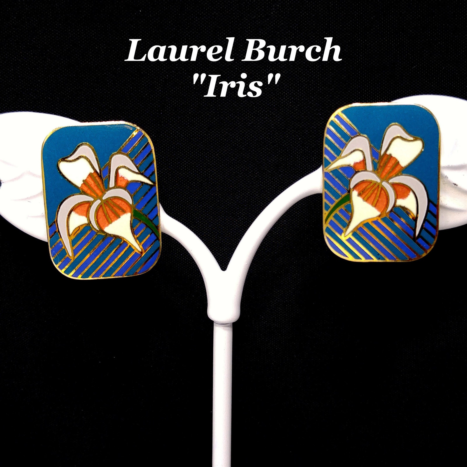 Vintage Laurel Burch Iris Clip On Earrings Gold Plated Cloisonn Enamel 1980 49$